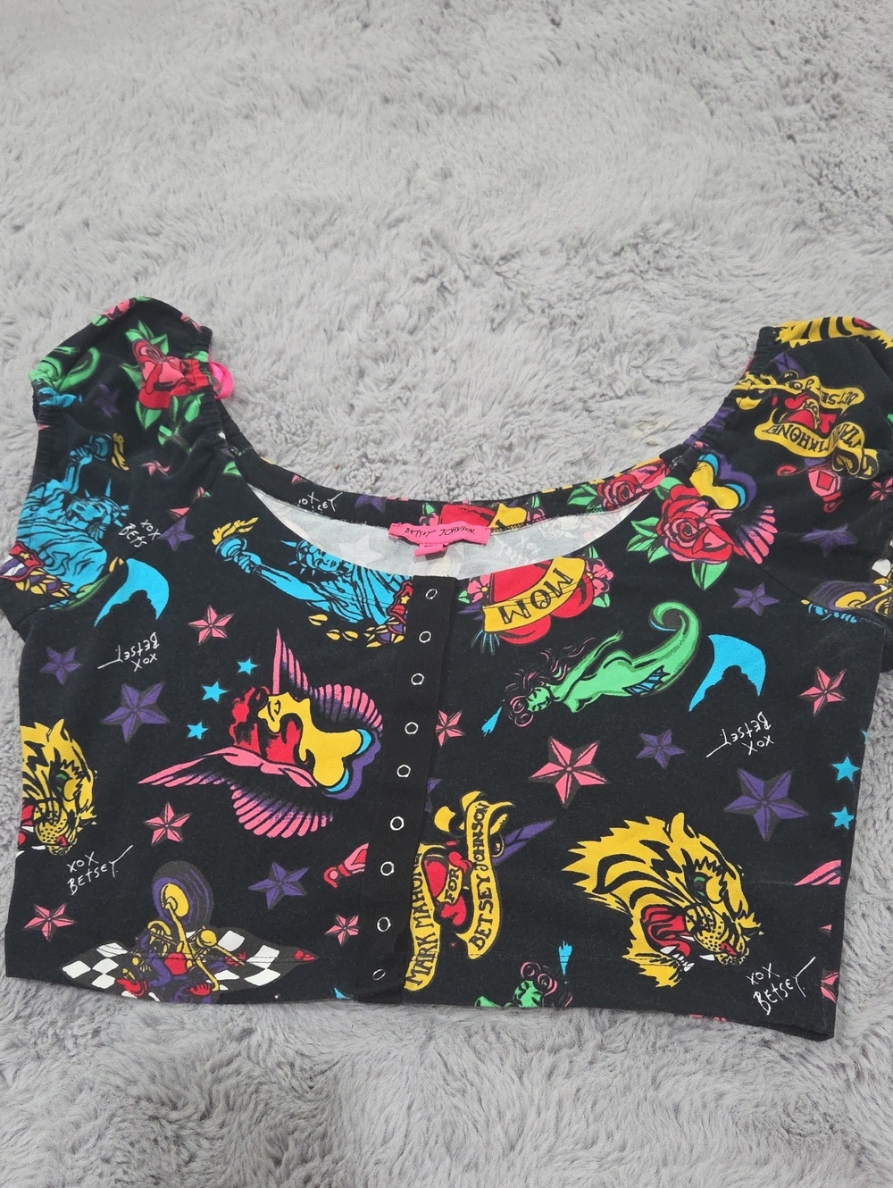 Betsey Johnson Black Graphic Crop Top with Colorful Tattoo Prints